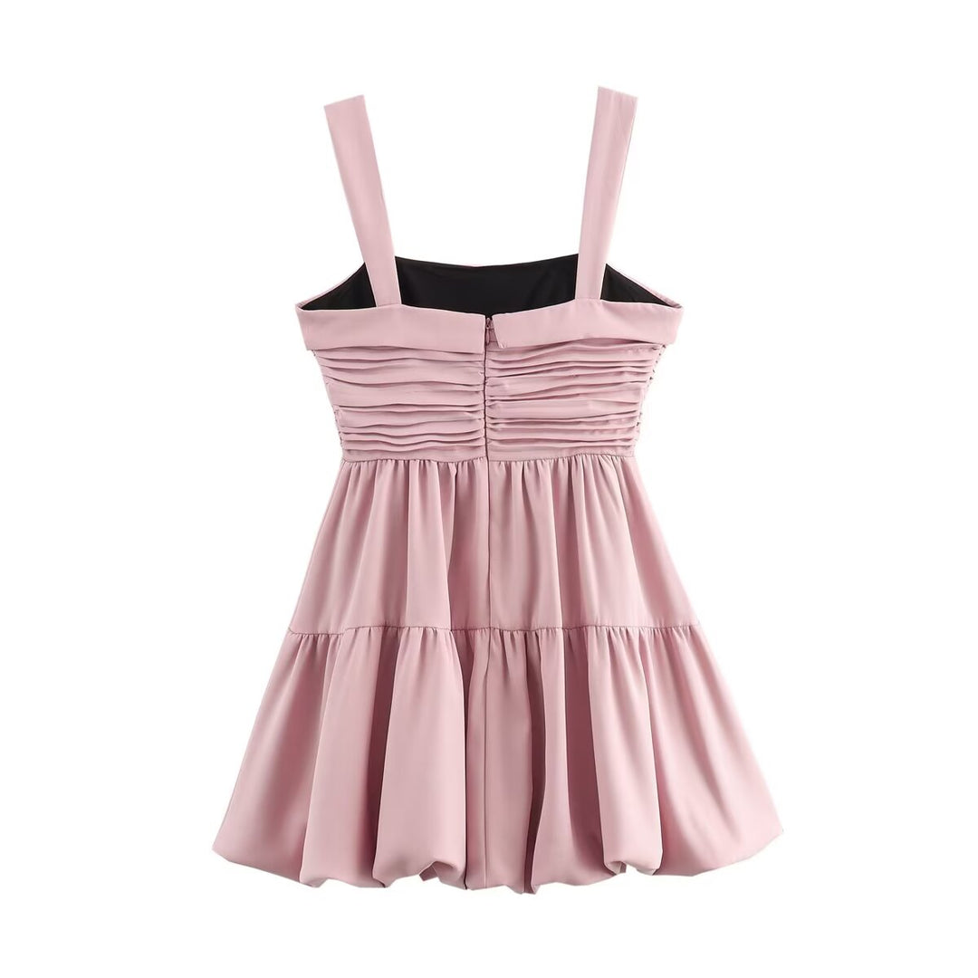 Women Clothing Summer Personalized Pink Embellished Balloon Sling Mini Dress Women