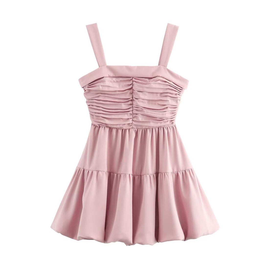 Women Clothing Summer Personalized Pink Embellished Balloon Sling Mini Dress Women