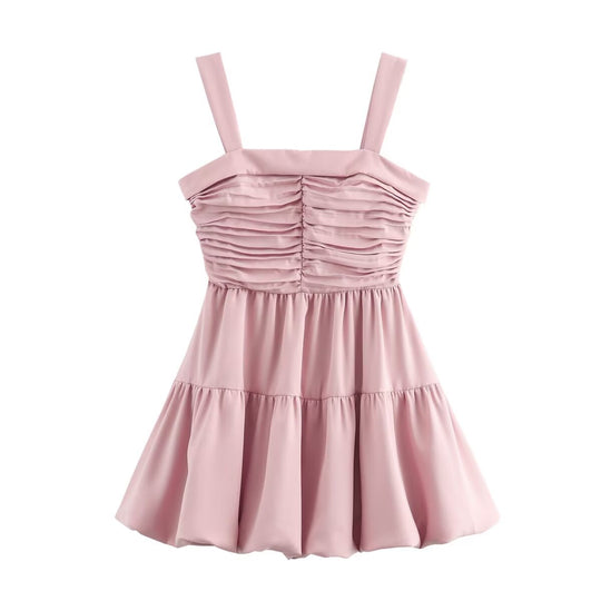 Women Clothing Summer Personalized Pink Embellished Balloon Sling Mini Dress Women