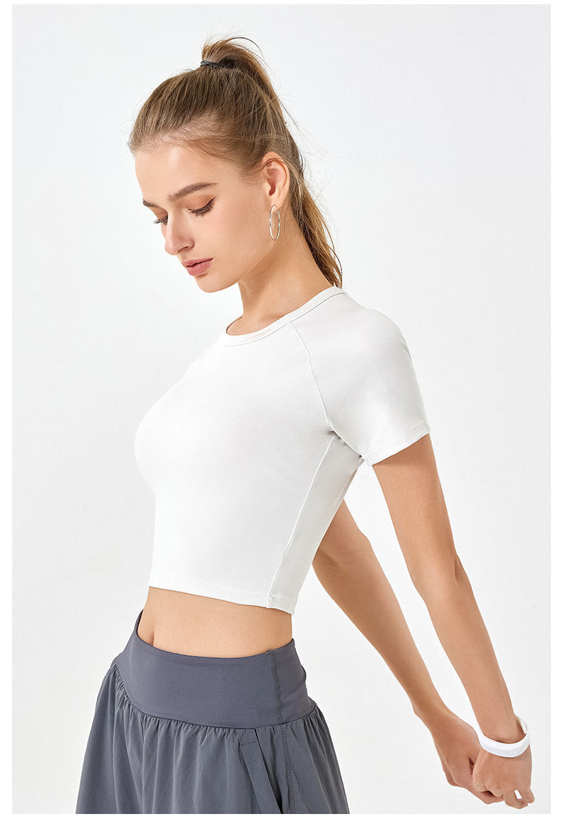 Hyaluronic Acid Pure Cotton Short Cropped Yoga Short Sleeve Women Round Neck High Elastic Skin Friendly Sports Quick Drying Top