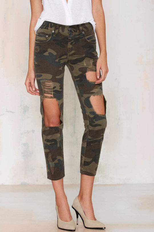 Boyfriend Women Clothing Women High Waist Loose Wave Camouflage Ripped Cropped Jeans