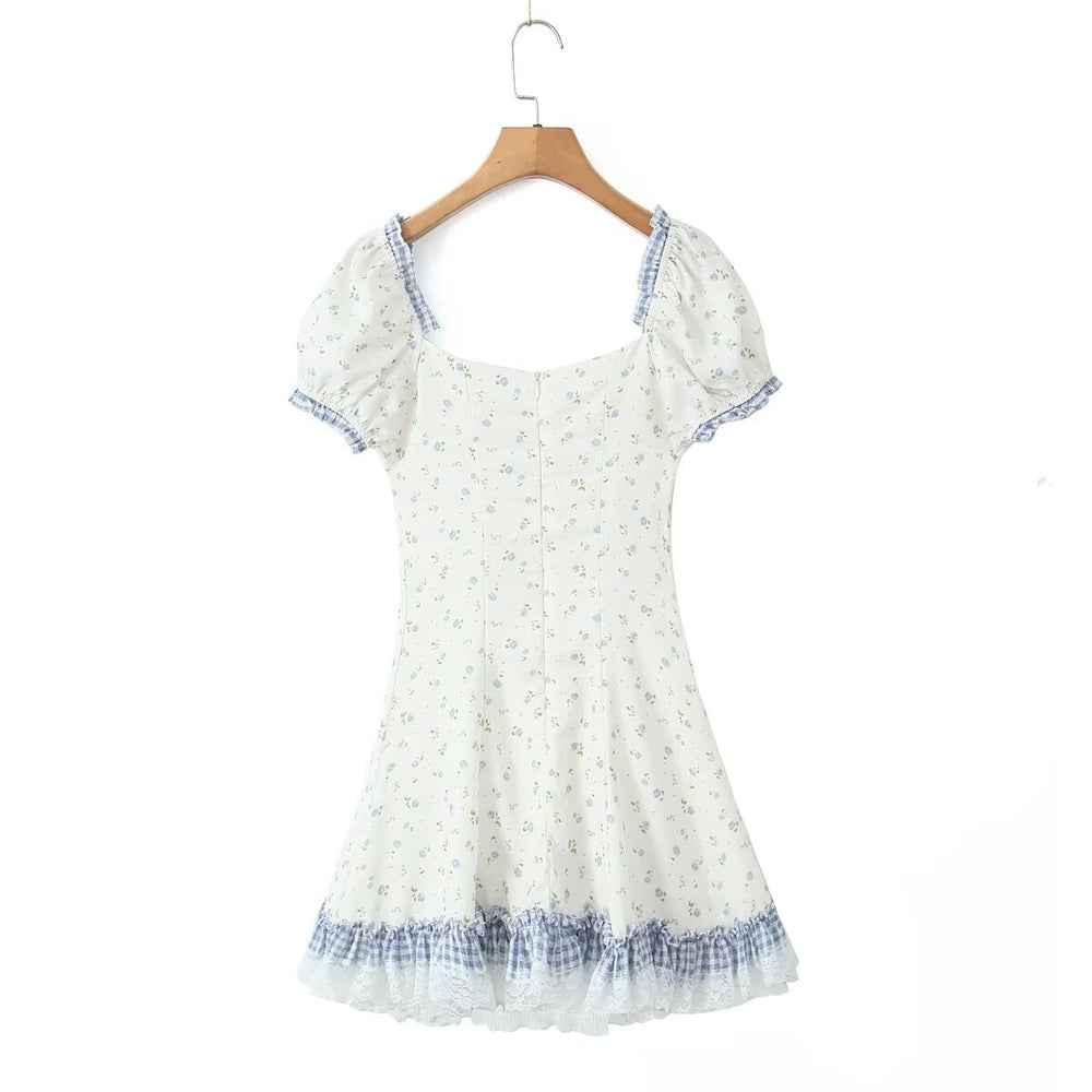 French Sweet Drawstring Lace Lace Stitching Printing Dress Pastoral Slimming Short for Women