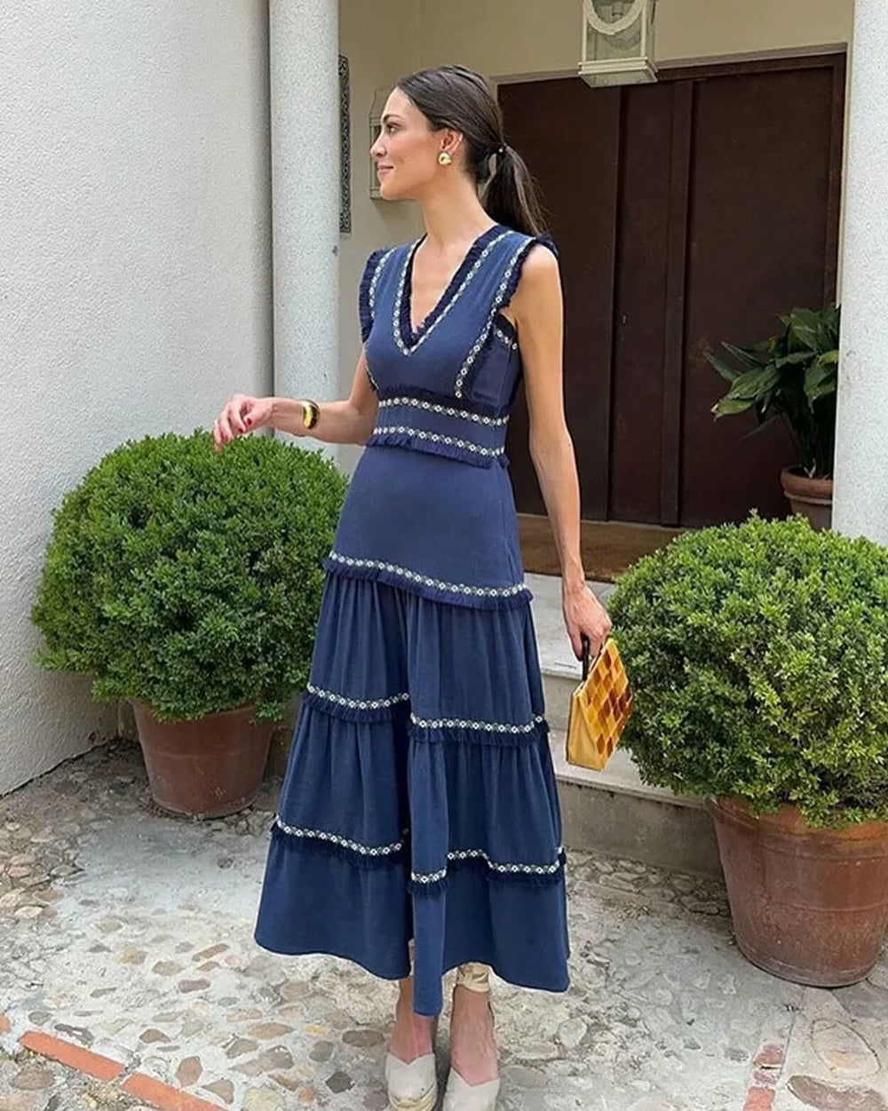 Women Clothing Ethnic Decorative V Neck Sleeveless Dress Cinched Patchwork Maxi Dress