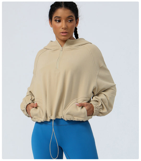 Pullover Hooded Yoga Workout Top Women Outdoor Running Jacket Zipper Loose Long Sleeve Sweatershirt Women