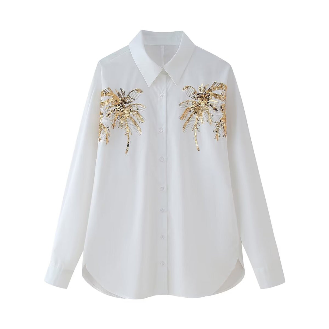 Heavy Industry Stitching Sequined Shirt Spring French High Sense All Matching Youthful-Looking Top Women