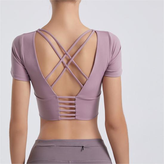 Spring Summer Yoga Wear Women Tight Fitting Sports Top with Chest Pad Short Sleeve Running Thin Backless T shirt Workout Clothes