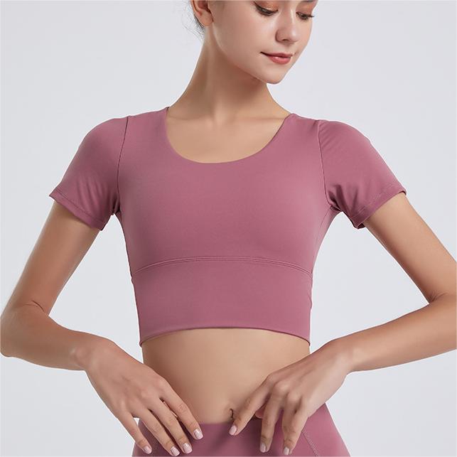 Spring Summer Yoga Wear Women Tight Fitting Sports Top with Chest Pad Short Sleeve Running Thin Backless T shirt Workout Clothes