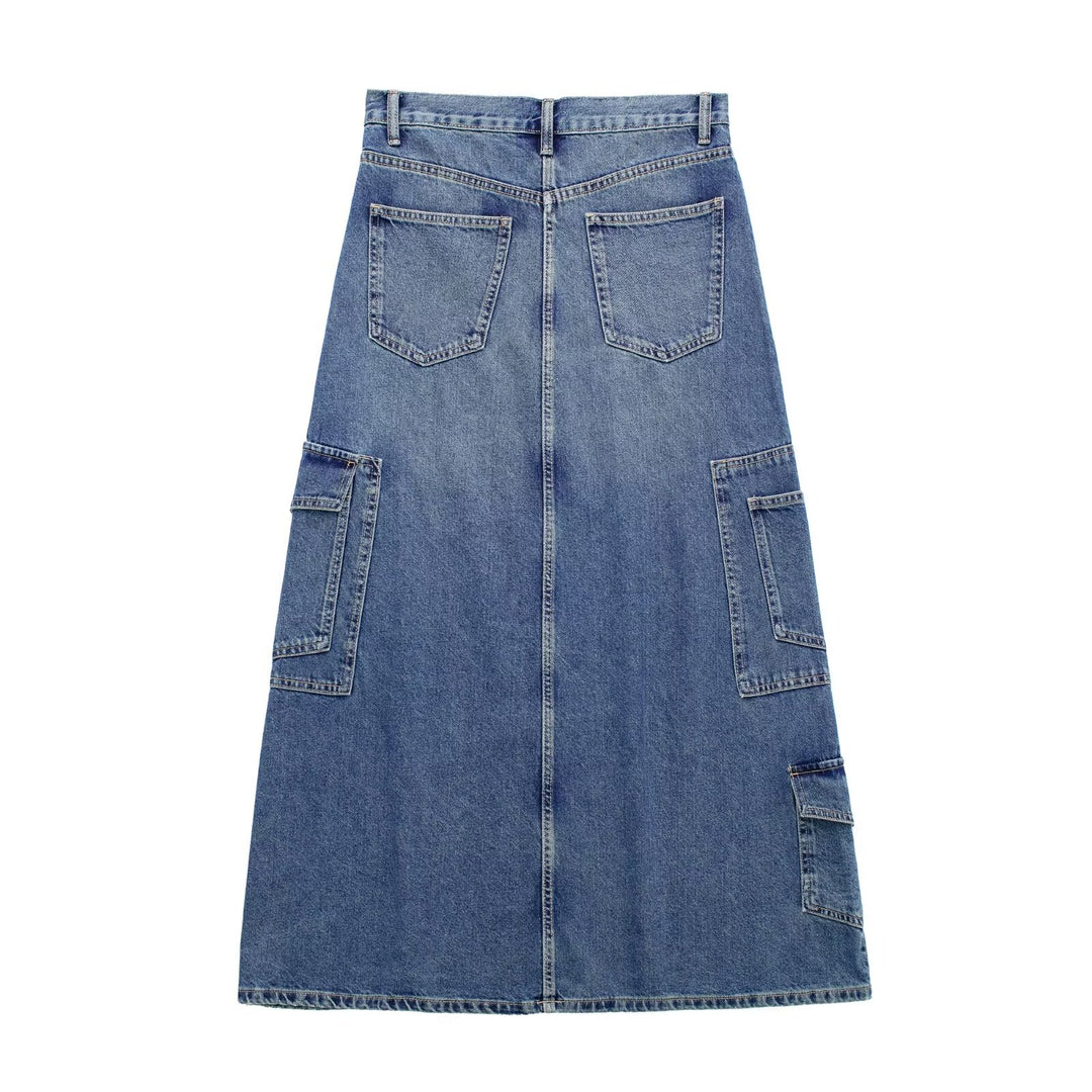 Summer High Waist Pocket Decoration Mid Length Denim Dress Women