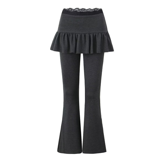 Stitching Lace Edge Pleated Pants Skirt Women Autumn Sexy Faux Two Pieces High Waist Drooping Casual Flared Pants