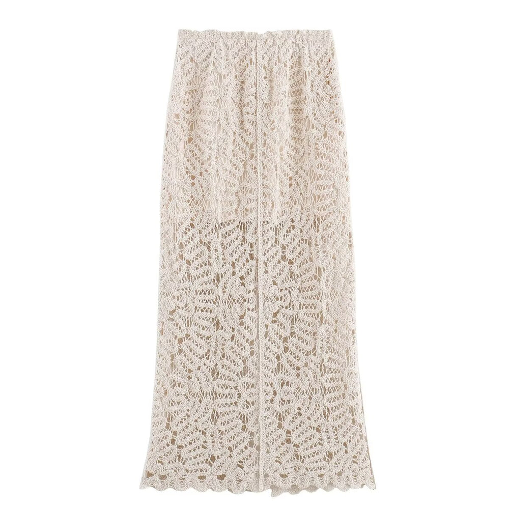 Summer Women Clothing Slimming Solid Color Crocheted Knitted Front Slit Midi Skirt