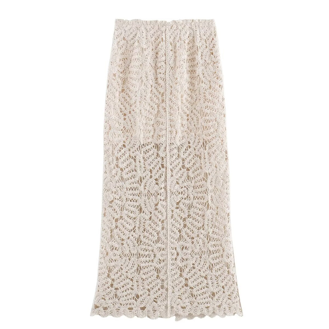 Summer Women Clothing Slimming Solid Color Crocheted Knitted Front Slit Midi Skirt