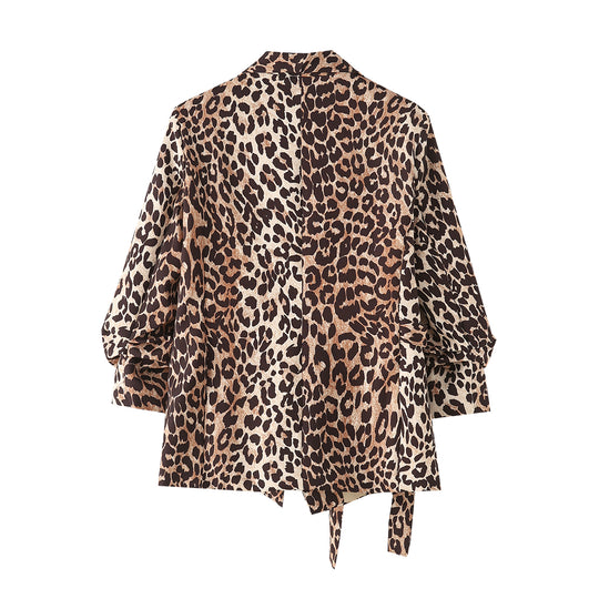 Leopard Cuff Pleated Blazer Long Sleeved Retro Top for Women