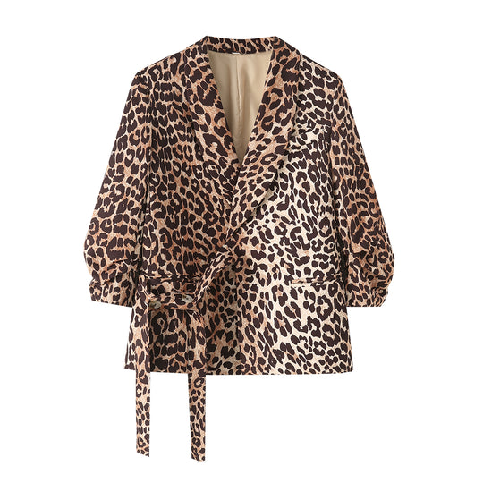 Leopard Cuff Pleated Blazer Long Sleeved Retro Top for Women