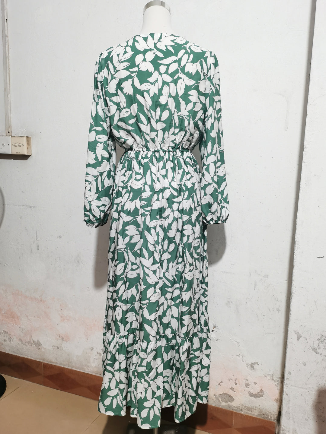 Bow Loose Lantern Long Sleeved Vacation Dress Printed Mid Length Slim Dress