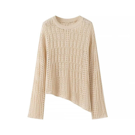 Cutout Out Mid Length Women Summer Outerwear Loose Crew Neck Top Long Sleeved Knitted Blouse