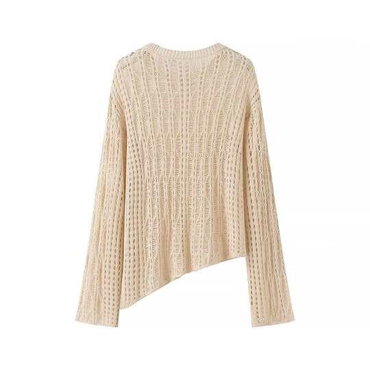 Cutout Out Mid Length Women Summer Outerwear Loose Crew Neck Top Long Sleeved Knitted Blouse