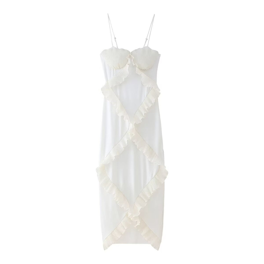 Summer White Tube Top Pleated Ruffled Patchwork Slit Camisole Dress