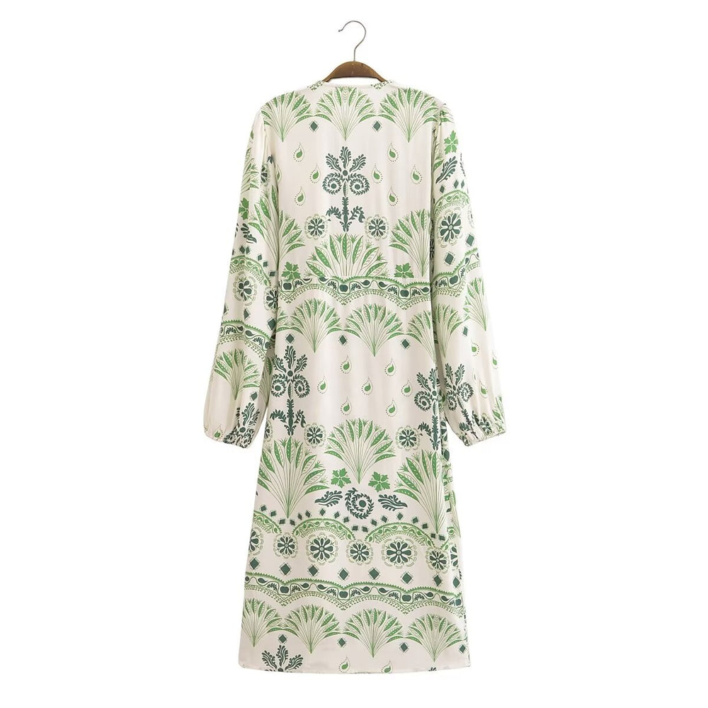 Women Clothing Summer Printed Shirt V Neck Long Sleeve Maxi Dress