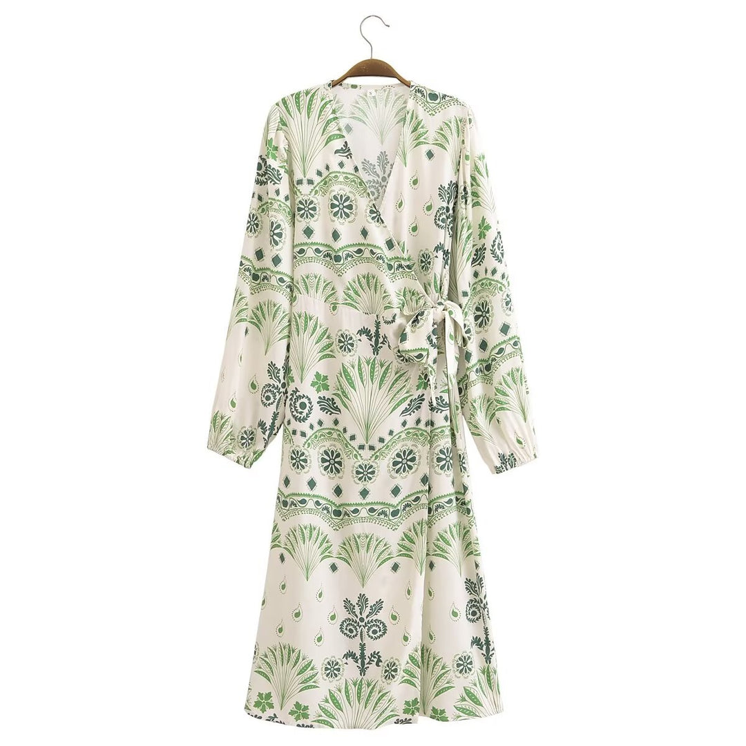 Women Clothing Summer Printed Shirt V Neck Long Sleeve Maxi Dress