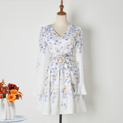 Women Spring Long Sleeve Floral Single Breasted Dress