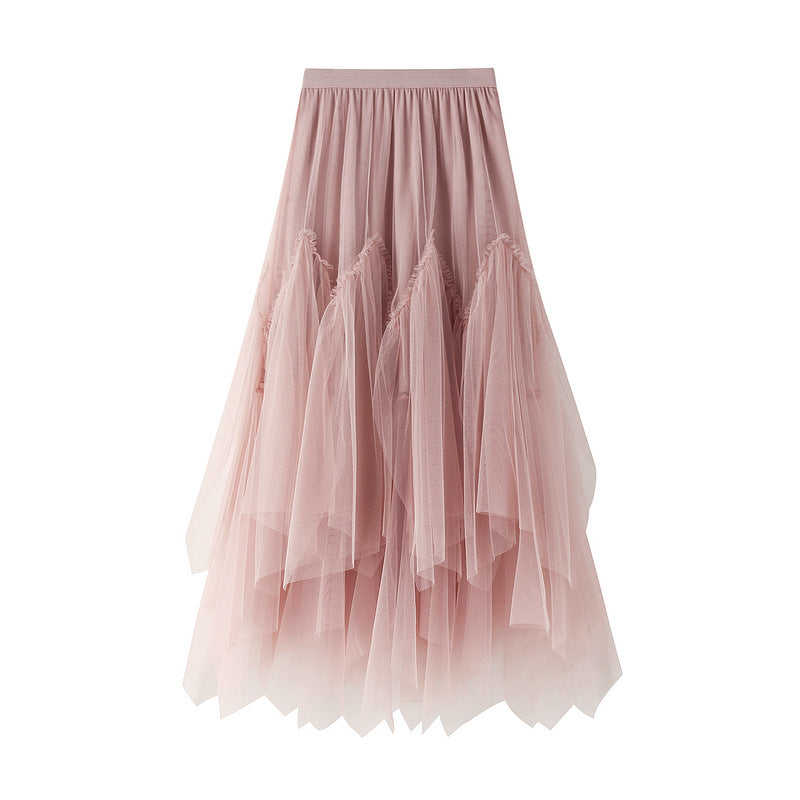 Skirt Autumn Winter Women Mid-Length A line Skirt Tulle Tutu Skirt Long Skirt Mesh Fresh Irregular Asymmetric Pleated Skirt