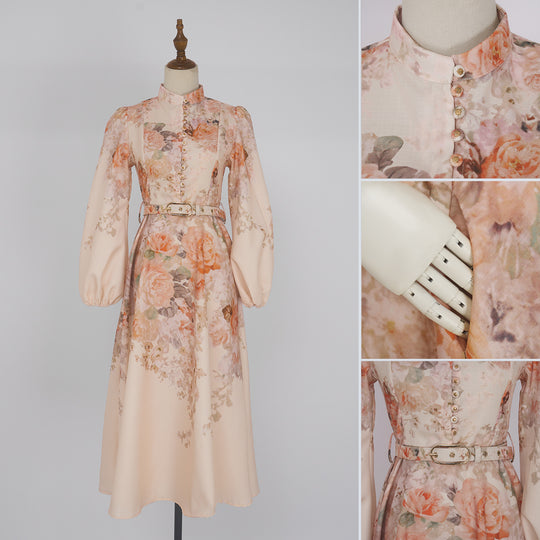 Autumn Stand Collar Flower Lantern Sleeve Buckle Long Dress