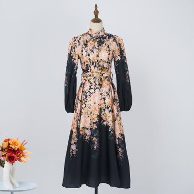 Autumn Stand Collar Flower Lantern Sleeve Buckle Long Dress