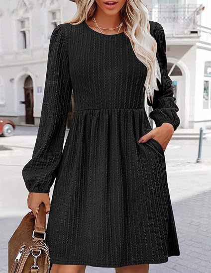 Women Clothing Round Neck Pocket Knitted Sweater Long Sleeve A Line Dress