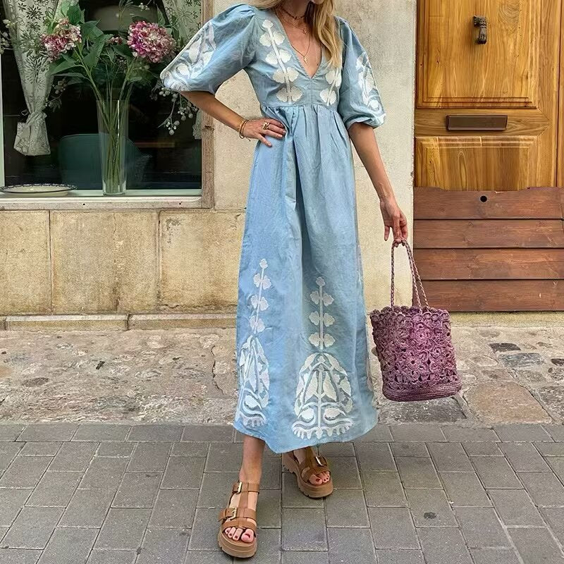 Spring Summer Women Clothing Dress Elegant Blue Printed Backless Half Sleeve Women Dress