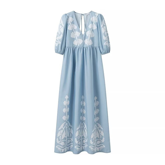 Spring Summer Women Clothing Dress Elegant Blue Printed Backless Half Sleeve Women Dress