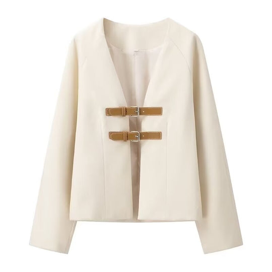 Spring Strap Decoration Soft Coat V Neck Elegant Sexy Metal Buckle Cardigan