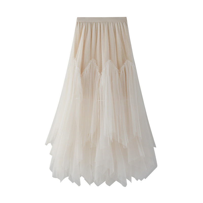 Skirt Autumn Winter Women Mid-Length A line Skirt Tulle Tutu Skirt Long Skirt Mesh Fresh Irregular Asymmetric Pleated Skirt