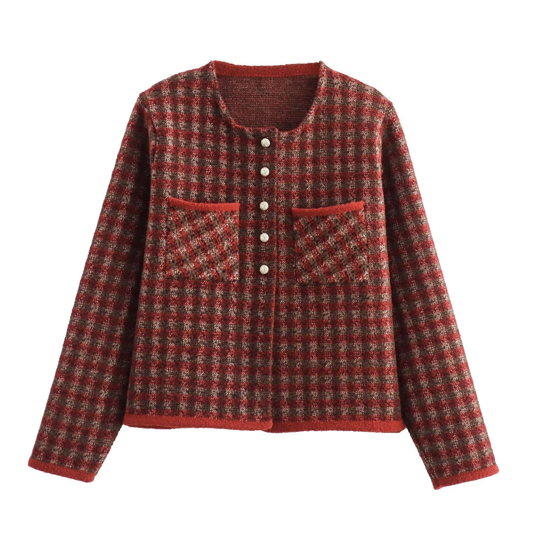 Fall Women Clothing Classic Red Plaid Round Neck Classic Knitted Sweater Coat