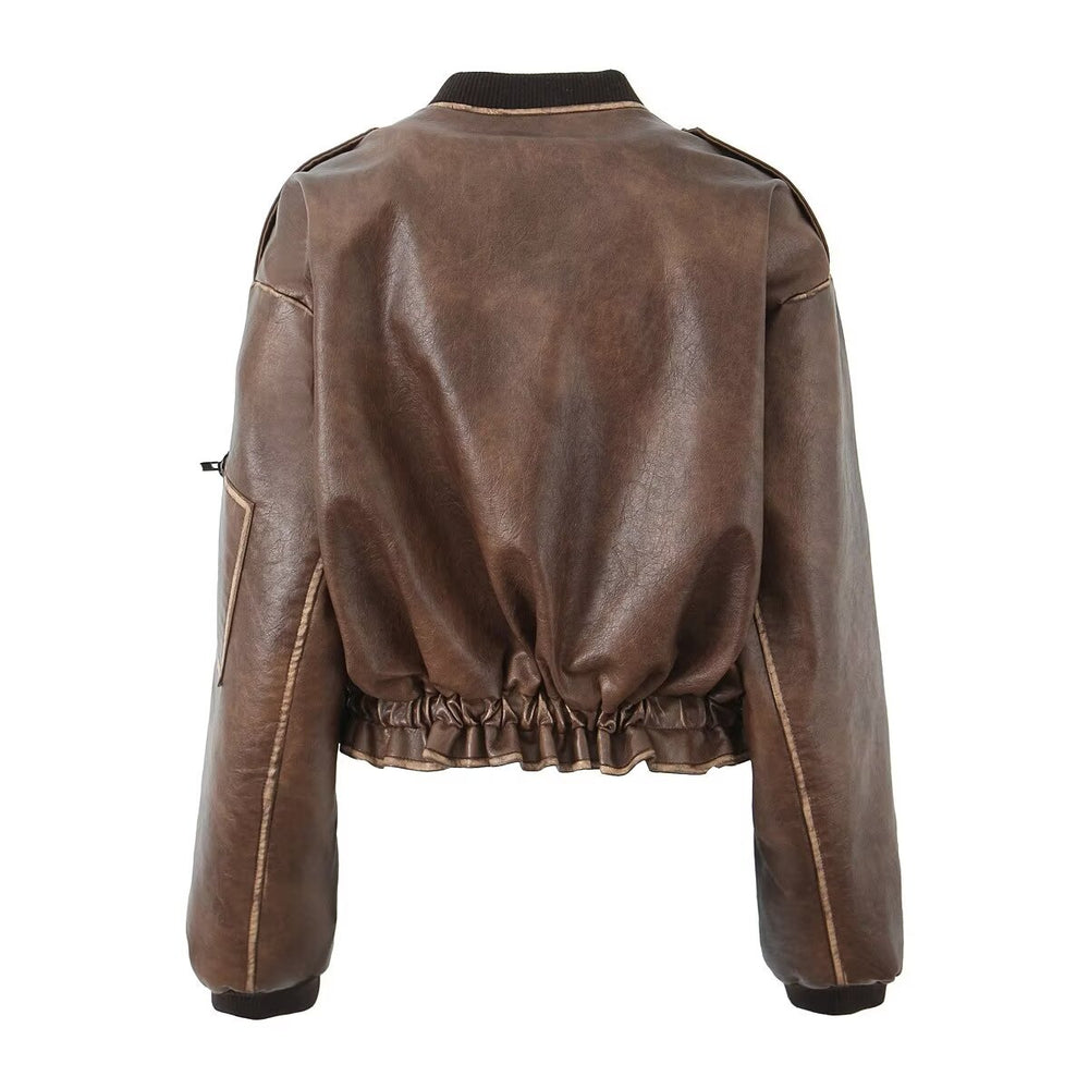 Retro Brown Chic Leather Coat Autumn Street Waist Trimming Loose Sexy Jacket Top for Women