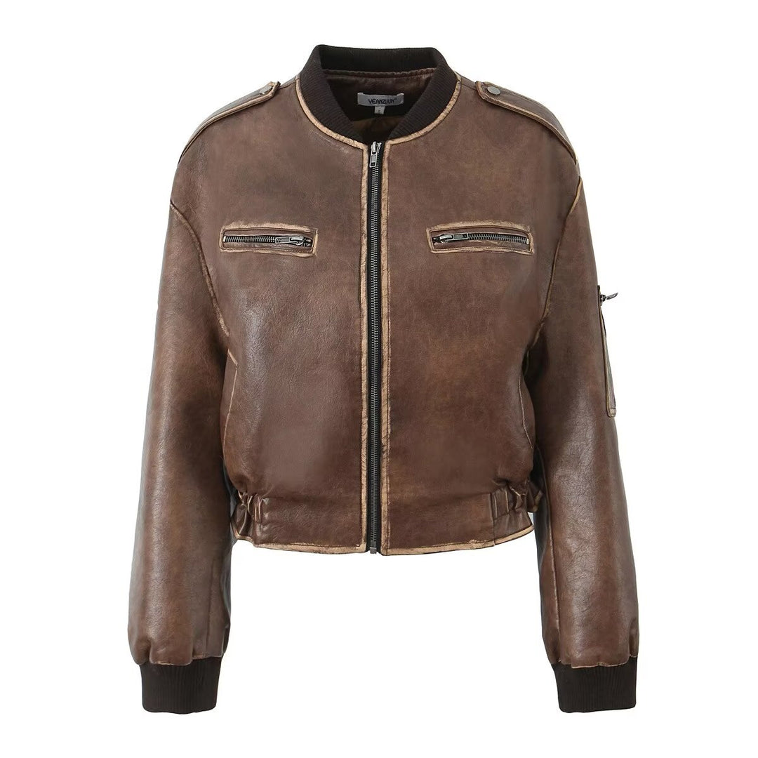 Retro Brown Chic Leather Coat Autumn Street Waist Trimming Loose Sexy Jacket Top for Women