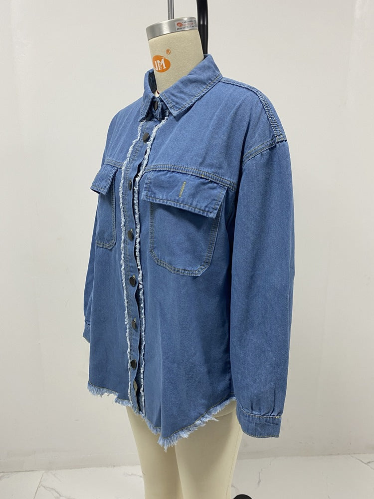 Women Clothing Loose Denim Jacket Street Washed Polo Collar Jacket Top Women