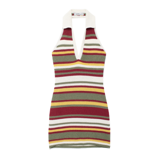 Women Clothing Autumn V Neck Colorful Striped Contrast Color Slim Fit Hip Crochet Dress