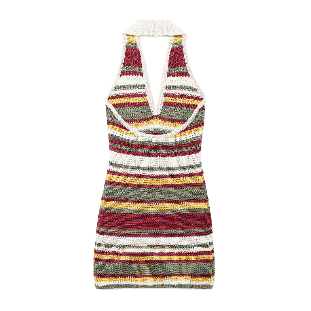 Women Clothing Autumn V Neck Colorful Striped Contrast Color Slim Fit Hip Crochet Dress