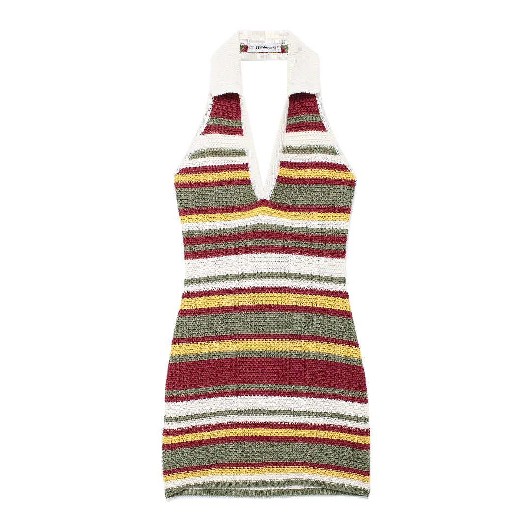 Women Clothing Autumn V Neck Colorful Striped Contrast Color Slim Fit Hip Crochet Dress