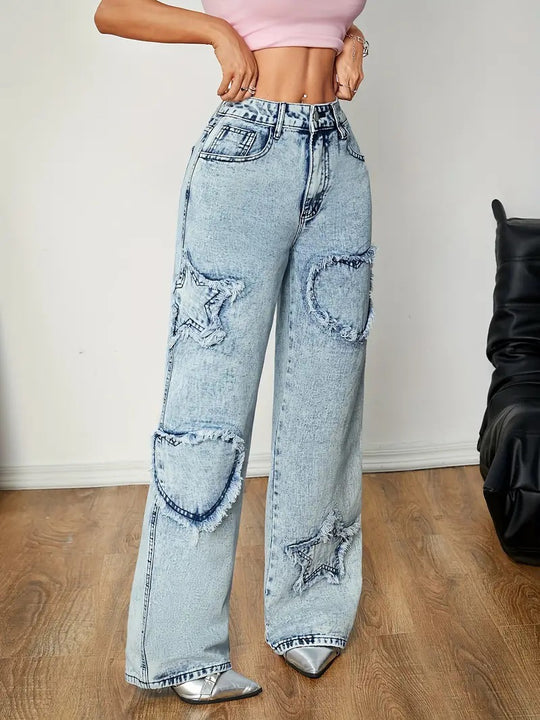 Retro Jeans Women Spring Autumn Street Five Pointed Star Embroidery Baggy Straight Trousers High Waist