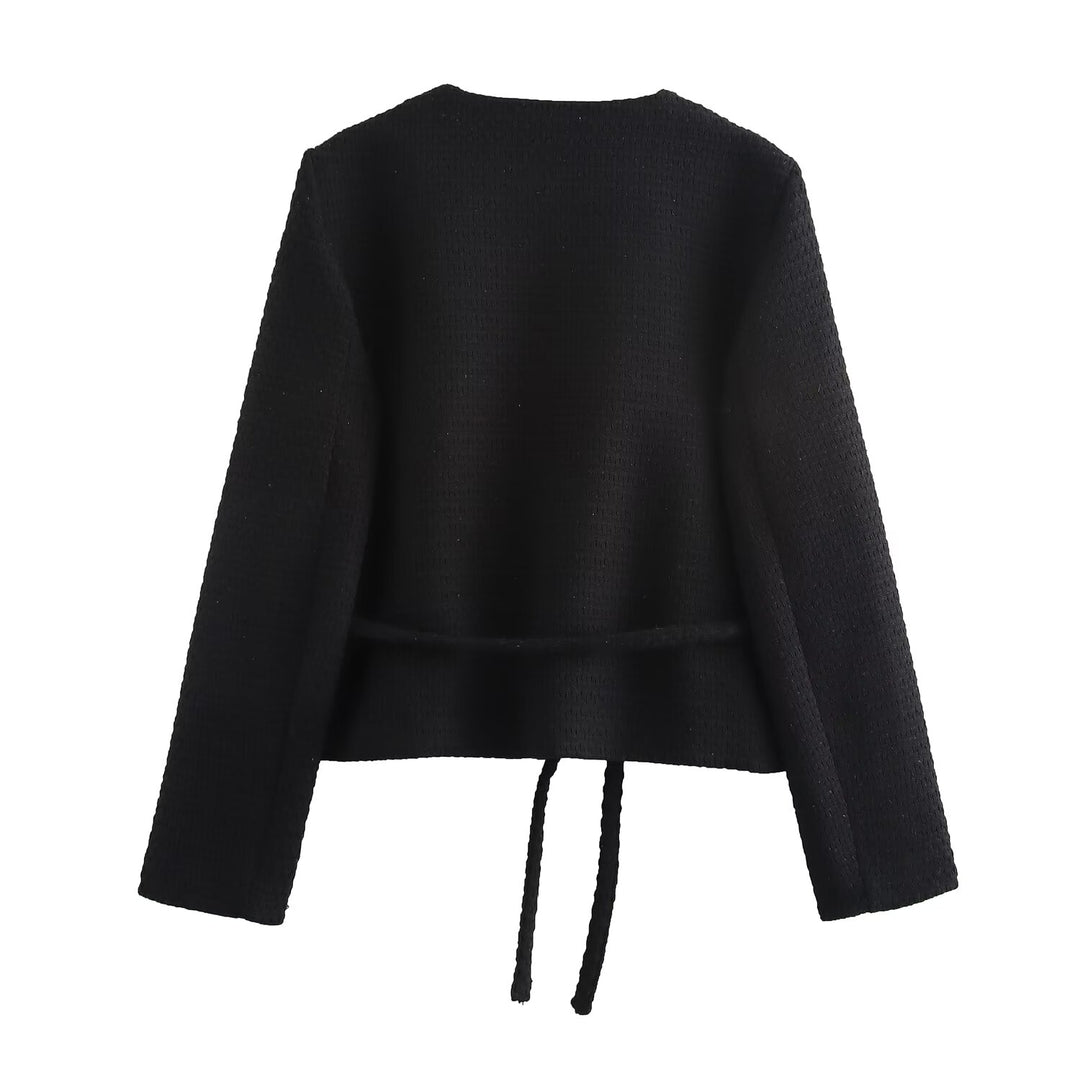 Women Belt Texture Casual round Neck Long Sleeve Blazer Jacket