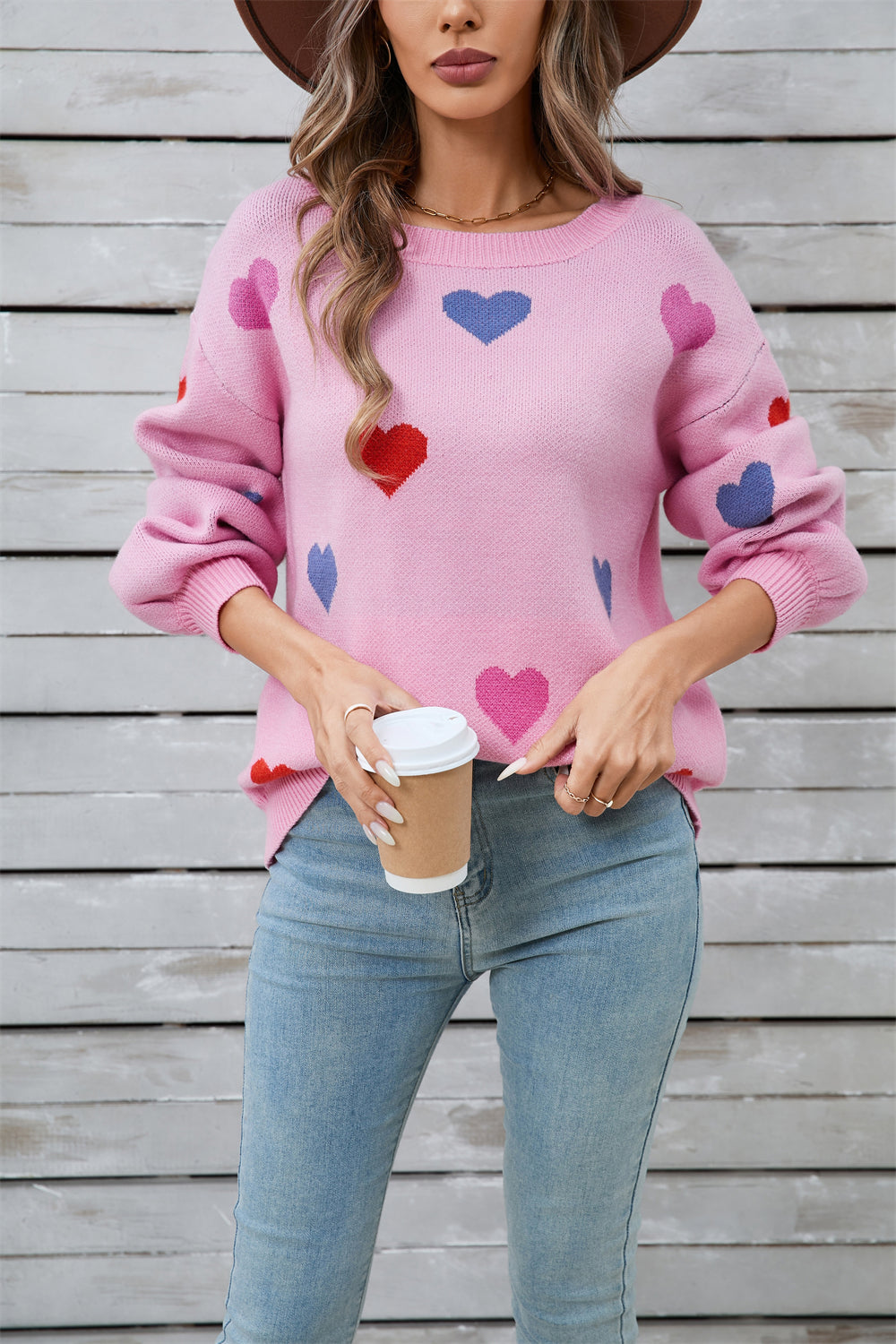 Winter Clothes Women Clothing Sweater Love Valentine Day Round Neck Pullover Peach Heart Sweater Women