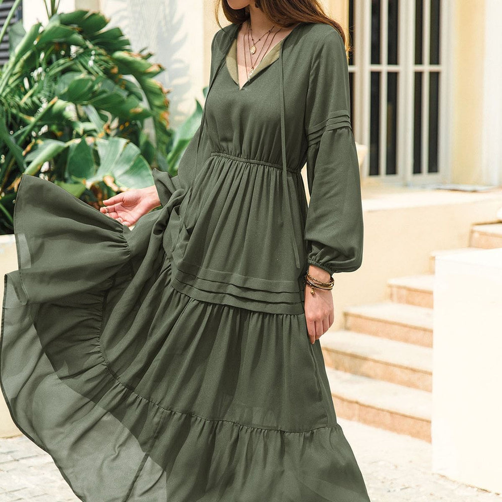 V Neck Long Sleeve Chiffon High Waist Slimming Dress Women Bohemian Vacation Dress