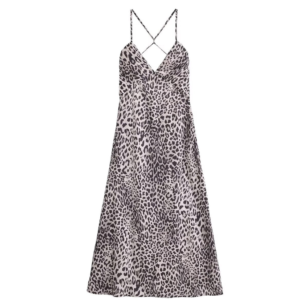 Autumn Women Clothing Satin Leopard Print Printing Slip Dress