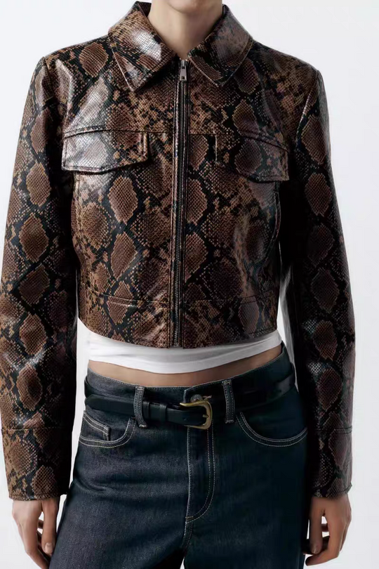 Sexy Snakeskin Polo Collar Long Sleeve Faux Leather Jacket Autumn Loose Short Casual Coat for Women