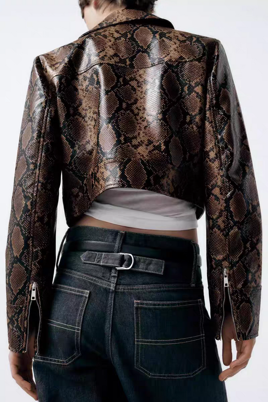 Sexy Snakeskin Polo Collar Long Sleeve Faux Leather Jacket Autumn Loose Short Casual Coat for Women