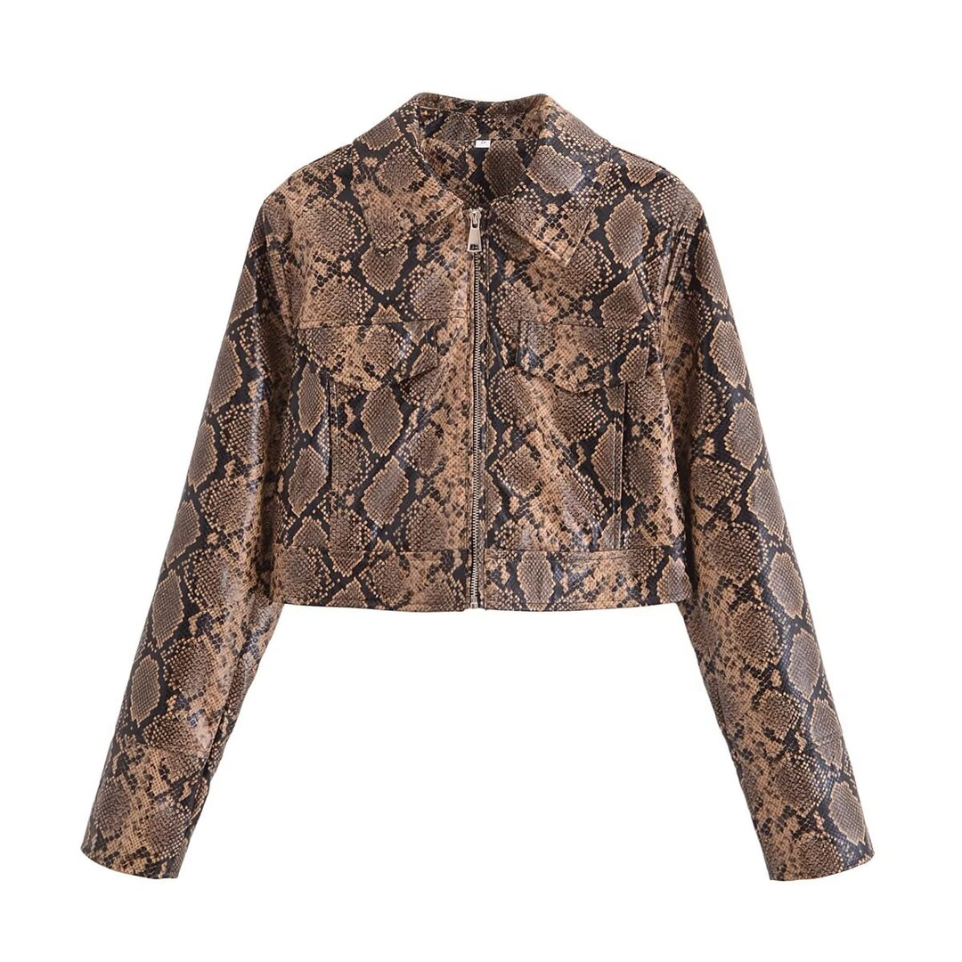 Sexy Snakeskin Polo Collar Long Sleeve Faux Leather Jacket Autumn Loose Short Casual Coat for Women