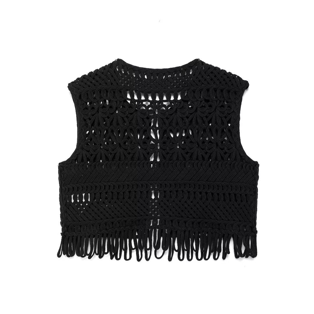 Women Clothing Autumn Black Hollowed Out Knitted Tassel Lace Short Vest Jacket