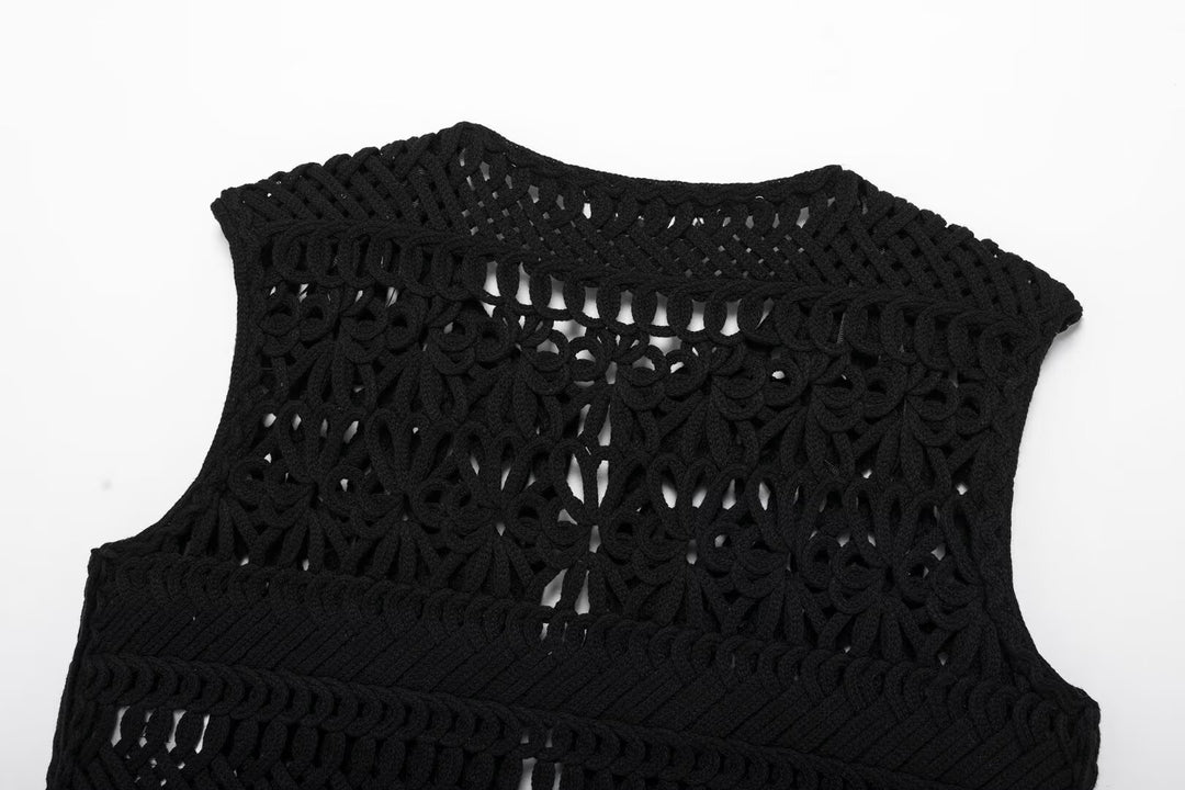 Women Clothing Autumn Black Hollowed Out Knitted Tassel Lace Short Vest Jacket