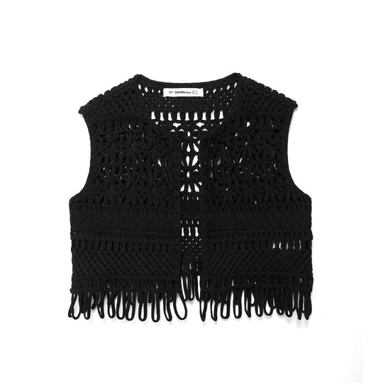 Women Clothing Autumn Black Hollowed Out Knitted Tassel Lace Short Vest Jacket